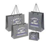 18th Birthday Grey Paper Gift Bags - Small with Rope Handles - Recycled Eco Friendly - Looks Great - Blue