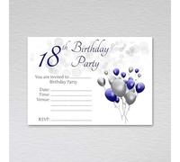 18th Birthday Invitations for Men and Women - Blue and Silver Grey Party Invites with a Collection of Balloons / 18th Birthday Party Invitation Cards with RSVP (Pack of 50 without Envelopes)