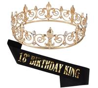 Noonhorse 18th Birthday King Crown & Tiara Sash for Men Birthday Headband Party Decorations Accessories Set for Boy Prince Gold Black, 2 Pack