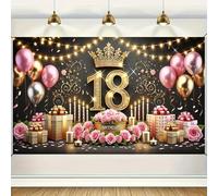 18th Birthday Party Background Banner Polyester Princess Decoration with a golden crown pink roses and glittering decorations 250x180CM