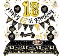 18th Birthday Party Decorations - Black Gold 18th Happy Birthday Balloons Banners Tablecloth Cake Topper Sash Bunting Flags Number Balloons for Adults Men Women 18th Birthday Decor