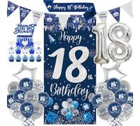 18th Birthday Party Decorations Boys - Navy Blue Silver Happy Birthday Banner Door Set with Cake Topper, Sash Confetti Latex Balloons for Men Women 18 Years Old Party Supplies