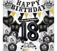 18th Birthday Party Decorations for Boys - Black Silver Happy Birthday Banner Pennant Flags Garlandand Sash, Star Heart Crown Number Foil Balloons Cake Toppers for 18 Years Old Teens