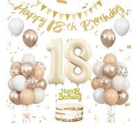 18th Birthday Party Decorations for Girls Boys, Sand White Gold 18 Year Old Foil Balloon Set, Beige Gold Number 18 Party Decorations, Happy Birthday Banner with Cake Topper for Boho Party Supplies