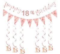 18th Birthday Party Decorations, Happy Birthday Banner Decor Set with Glitter Garland Sash, Rose Gold Number 18 Hanging Swirls Bunting for Girls Party Supplies Rose Gold