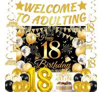 18th Birthday Party Decorations Set - 25 Pcs Black Gold Glitter Welcome to Adulting Banner, Backdrop & Number 18 Balloon for Adults Coming of Age Celebration, Graduation Favours Supplies Decor Gifts