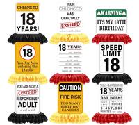 18th Birthday Party Table Decorations - 9 Pcs Funny 18th Birthday Signs with Road and Warning Themes, Black Yellow Cheers to 18 Years Honeycomb Centerpieces for Boys Girls Party Supplies