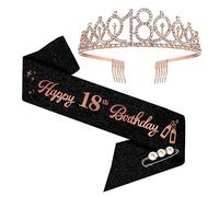 18th Birthday Sash and Tiara, 18th Birthday Rhinestone Crown Birthday Gift for Girls 18th birthday decorations (Rose Gold)