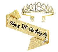 18th Birthday Sash and Tiara, Rhinestone Crown for Girls - Gold
