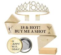 18th Birthday Sash Tiara Badge - 3 Pcs Champagne Gold 18th Birthday Decor | 18 & Hot Buy Me A Shot Sash So Happy I'm 18 Today Badge Number 18 Rhinestone Crown for Girls 18th Birthday Decorations Gifts
