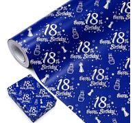 18th Birthday Wrapping Paper Roll 8m,43cm Blue Silver Wrapping Paper Roll for Boy Girls Birthday Gift Decorations