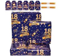 18th Birthday Wrapping Paper Set with Tags Ribbons,6 Sheets 70x50cm Happy Birthday Wrapping Paper,Blue Gold Gift Wrap Paper for Men Boys,Gift Decorations Recyclable (18th)