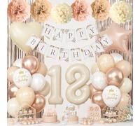 18th Cream Birthday Decorations for Girls, Beige Foil Number 18 Heart Tan Star Balloons Neutral White Gold Nude Latex Balloons with Boho Happy Birthday Banner Fringe Curtain Paper Pom Poms Party Decor