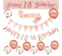 18th Happy Birthday Decorations, Rose Gold Party Supplies 2.7m Birthday Banners, Birthday Straps Confetti Latex Balloons Letter Banner, Triangle Flag Decoration (Rose Gold 18th)