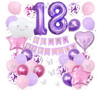 18th Purple Birthday Decorations for Girls, Pink Purple Party Decor 18 | 3D Butterfly Stickers, White Cloud Balloon, Star & Heart Foil Balloons, Happy Birthday Banner Party Supplies