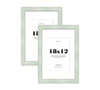 18x12" Sage Green Picture Frame with A4 Mount - Shabby Chic Photo Frame with Distressed Finish, Gold Trim, Wall Hooks, 37mm Edge - 2 Pack