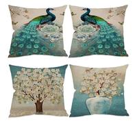 18x18 Pillow Cover 4Pcs Peacock & Floral Pillow Covers Double-sided Linen Cases Washable Reusable Decorative Protector for Home, Office, Hotel, Car Interior, Floral Covers, Peac