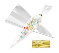 18x38cm Cone Shaped Treat Bags 100Pcs Crystal Clear Popcorn Bags Sweet Cone Bags with Twist Ties Bulk Cellophane Treat Bags Triangle Plastic Bags for Treats Popcorn Candy Snack Wraps Party Supplies