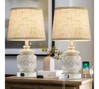 19.5" Farmhouse Vintage Table Lamps for Living Room Set of 2 Traditional Rustic Bedside Lamps for Bedrooms Nightstand with USB Ports Carved Floral Night Light Lamp for Office Decor,Pull Chain