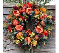 19.6" Fall Peony and Pumpkin Wreath,Reusable Front Door Wreath,Realistic Pumpkin Wreaths Form with Maple Leaves and Berries,Thanksgiving Harvest Decor for Indoor & Outdoor Home Wall (40cm/15.7in)