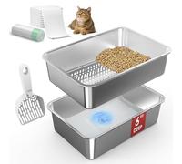 19.6''x13.7''x6'' Suzzipaws Stainless Steel Litter Box, Open Top Sifting Litter Box for Pine Pellets, Metal Litter Pan Tray System with Pee Pads & Liners, Odor Control, Low Dust, Easy Cleaning