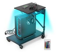 19.7" - 27.5"H Adjustable Computer Tower Stand, with RGB LED Light & Outlet | PC Stand for Carpet and Floor, 6 Side Hooks, 4 Silent Rolling Wheels, Mobile PC Cart for Full-Tower Gaming PC & Home Office
