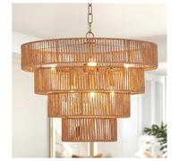 19.7" Farmhouse 6-Lights Boho Hand-Woven Light Fixture Vintage Retro 4-Tier Drum Wicker Rattan Golden Chandelier for Dining Kitchen, Living Room, E12