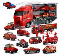 19 in 1 Fire Truck with Firefighter Toy Set, Mini Die-cast Fire Engine Car in Carrier Truck, Mini Rescue Emergency Double Side Transport Vehicle for Kid Child Boy Girl Birthday Christmas Party Favors