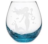 19 oz Printed Mermaid Stemless Wine Glass, Teal Crackle Base, Ocean Crystal | Unique Mermaid Themed Gifts for Women, Birthday & Beach Wedding. Versatile Cup for Red Wine, Cocktails or Iced Coffee Drinks
