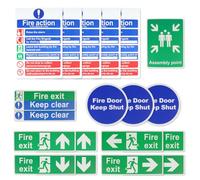 19 Pack Fire Safety Signs, 1mm Rigid Plastic Fire Action Notice Sign Fire Exit Sign Kit Down Left & Assembly Point Signs 200mm x 300mm Self-Adhesive Weatherproof Design