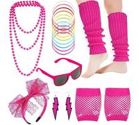 19 Pcs 80s Fancy Dress Accessories for Women, Pink 80s Costume Accessories with Lightning Earrings Necklace Fishnet Gloves Headband Glasses Leg Warmers for Retro Parties Hen Do Parties Girls