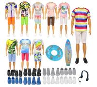 19 PCS Dolls Clothes Compatible with Ken Doll Clothes, Including 4 Tops 4 Pants, 4 Pair of Shoes 1 Swimming Ring 1 Surfboard 1 Earphone for Kids Boys Girls Play(Random Style)