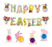 19 Pcs Easter Banner Decorations, Happy Easter Banner, Paper Easter Bunting, Easter Hanging Garland with Bunny Eggs for Home, School, Office Party Decorations