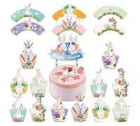 19 Pcs Easter Bunny Cupcake Toppers，Cupcake Wrappers，Happy Easter Cake Toppers，Cake Decorations for Spring Easter Theme，Easter Party Supplies Cake Decoration