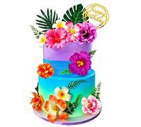 19 PCS Hawaiian Cake Decorations, Palm Leaves Tropical Beach Cake Topper.
