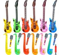 19 Pcs Inflatable Rock Star Instrument Set 6 Inflatable Guitar 6 Inflatable Microphone 6 Inflatable Saxophone 1 Air Pump for 80s Themed Party Carnival Birthday Party Decorations