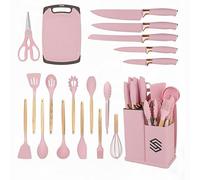 19 PCS Pink Silicone Cooking Utensils Set with Wooden Handle & Knife Set Block, Heat-Resistant Spatula, Spoon, Ladle, Whisk with Holder - BPA Free, Silicone Kitchen Utensil Set for Cooking & Baking
