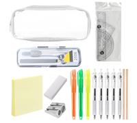 19 Pcs School Stationery Set, Maths Ruler Set, Clear Pencil Case, School Stationery Supplies Including Pen, Post-It Notes, Notebook, Protractor, Compass, Eraser And Sharpener For Student Supplies