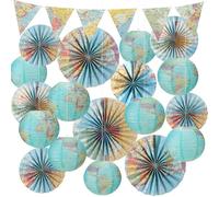 19 Pcs World Map Classroom Decorations Travel Themed Party Decor Globes Hanging Paper Lantern Fans Triangle Flags Banner for Classroom Ceiling Decor Back to School Around The World Travel Themed Party