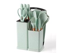 19 Piece Kitchenware Utensils and Knife Set- Includes: 9 Piece Silicone Cooking Utensils- 5 Piece Sharp Stainless Steel Chef Knives- Scissors -Whisk Tongs and Cutting Board (Mint Green)