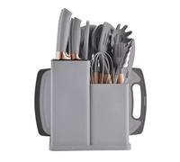 19 Piece Kitchenware Utensils and Knife Set- Includes: 9 Piece Silicone Cooking Utensils- 5 Piece Sharp Stainless Steel Chef Knives- Scissors -Whisk Tongs and Cutting Board (Gray)