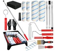 19-Piece Paint Roller Set with Extension Pole, 9" & 4" Microfibre Roller Sleeves & Decorating Tray Kit for Emulsion Paint, Includes Brush, Scraper & Gloves for Walls, Ceilings & Skirting Boards（Red）