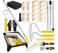 19-Piece Paint Roller Set with Extension Pole, 9" & 4" Microfibre Roller Sleeves & Decorating Tray Kit for Emulsion Paint, Includes Brush, Scraper & Gloves for Walls, Ceilings & Skirting Boards
