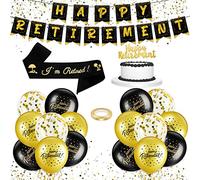 19 Pieces Retirement Party Decorations Black Gold Happy Retirement Banner Balloons I'm Retired Sash Gold Glitter Happy Cake Topper with Party Ribbon for Male Female Retired Decoration Supplies