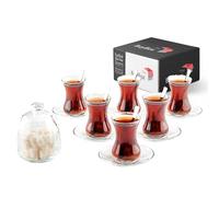 19 Pieces Traditional Turkish Tea Set Includes; 6 Glasses Tea Cups (135ml/4.5oz), 6 Soucers, 6 Stainless Steel Spoons and Sugar Bowl with Glass Cover (255ml/8.6 oz)