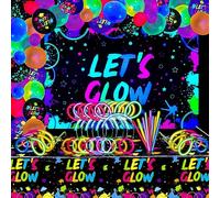 190 PCS Neon Glow Birthday Party Supplies - Let's Glow Backdrop Banner, Tablecloth, Glow in The Dark Balloons, Glow Sticks, Bracelet Connectors, Glasses and Headband for Kid Neon Party Decorations