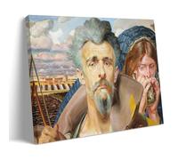 1906 Music - Central Section of The Triptych Poster by Jacek Malczewski, Symbolism Artwork with Bearded Figure, Female Holding Bird, And Landscape Scenery Room Aesthetic Print Art Wall Painting Canvas