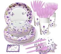 192 Pcs Lavender Floral Butterfly Paper Plates and Cutlery Set, Watercolor Disposable Tableware for 24 Guests Spring Summer Birthday Baby Shower Picnic Decor