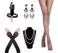 1920s Accessories for Women - 7-Piece Flapper Accessories Set, Great Gatsby Style Pearl Necklace, Fishnet Stockings & Feather Headband,Roaring 20s Costume Party Essentials