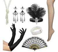 1920s Accessories for Women, Flapper Feather Headband Headpiece Pearl Bracelet Necklace Earrings Fan Gloves Silk Stockings Costume Accessories Set Black